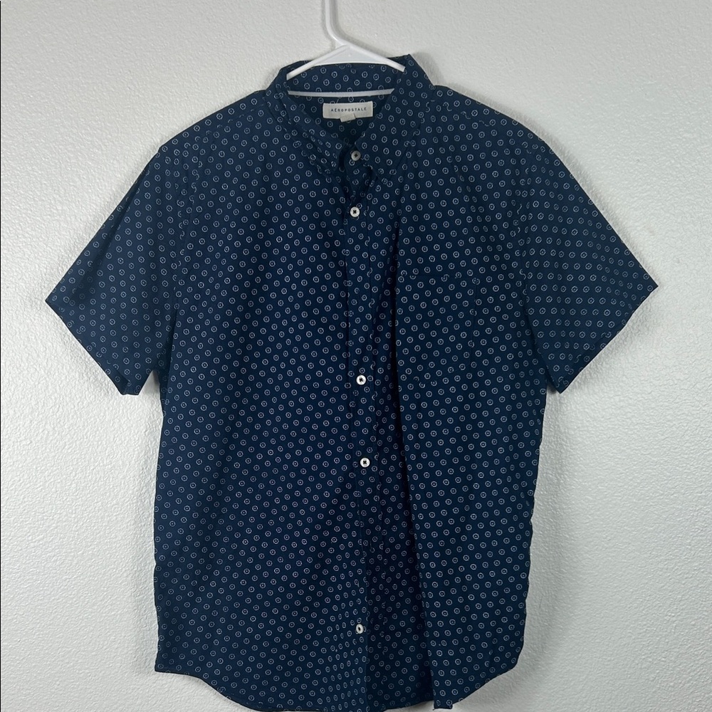 Aeropostale Navy Geometric Button Down Shortsleeved Shirt